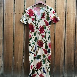 Zara Trafulca white pink velveteen bodycon summer floral dress S